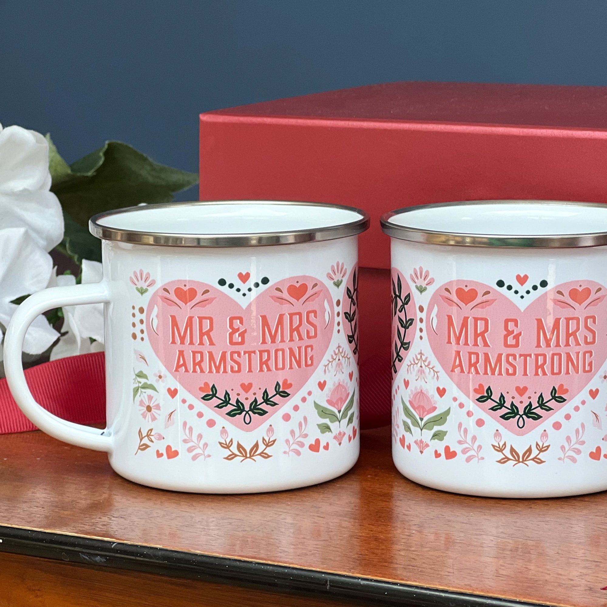 Pair Of Red And Pink Enamel Mugs For Couple