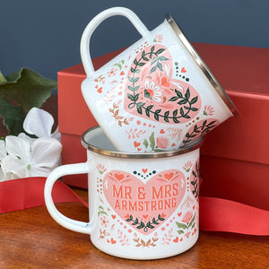 Pair Of Red And Pink Enamel Mugs For Couple