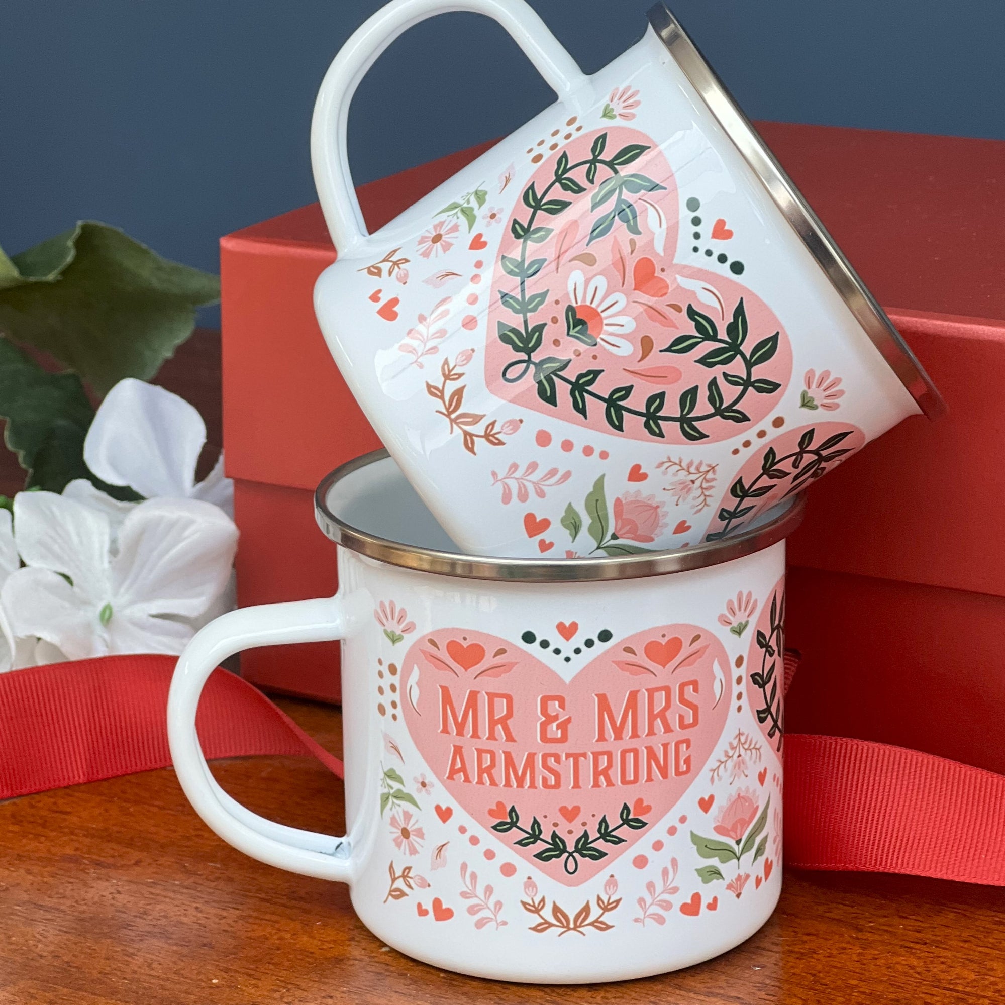 Pair Of Red And Pink Enamel Mugs For Couple