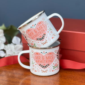 Pair Of Red And Pink Enamel Mugs For Couple