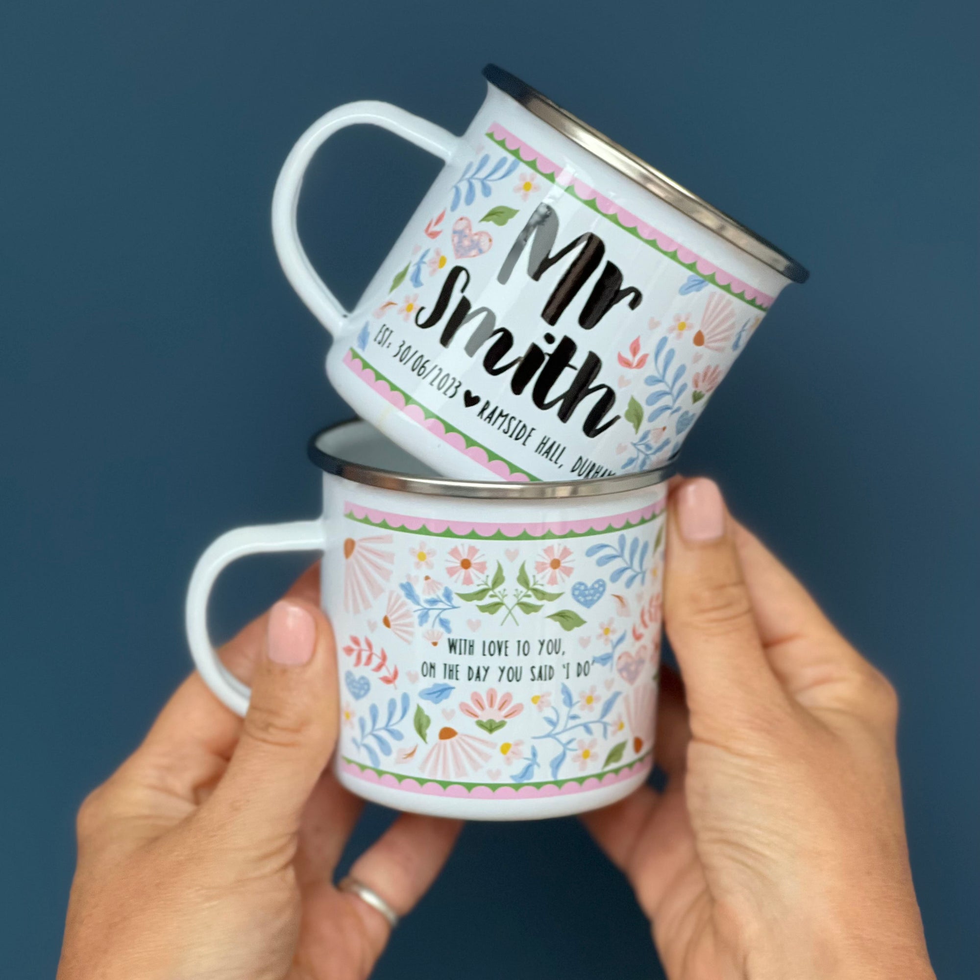 Couple's Folksy Enamel Mug Wedding Set