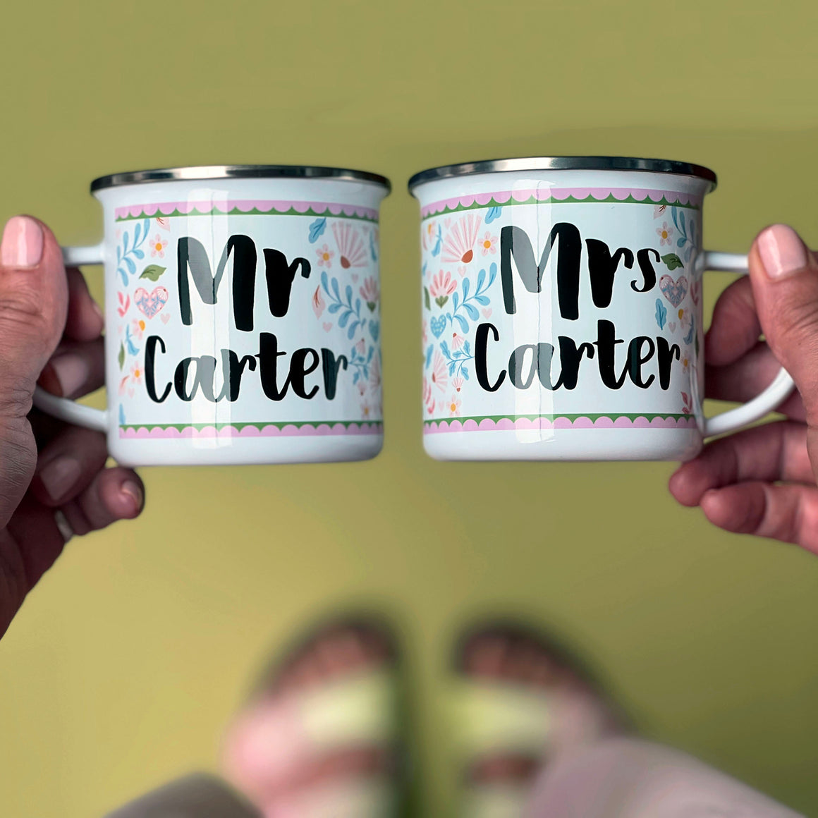 Couple's Folksy Enamel Mug Wedding Set