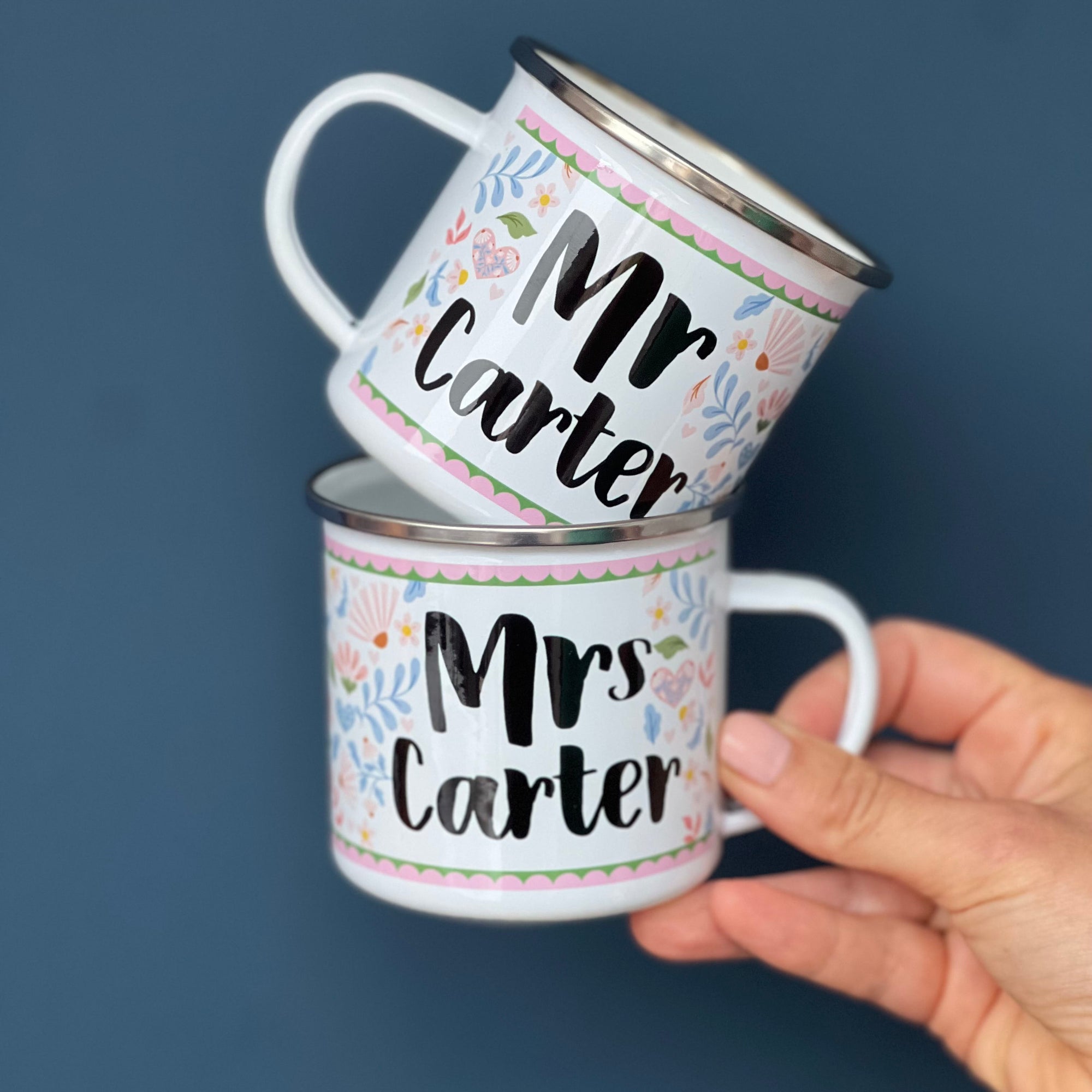 Couple's Folksy Enamel Mug Wedding Set