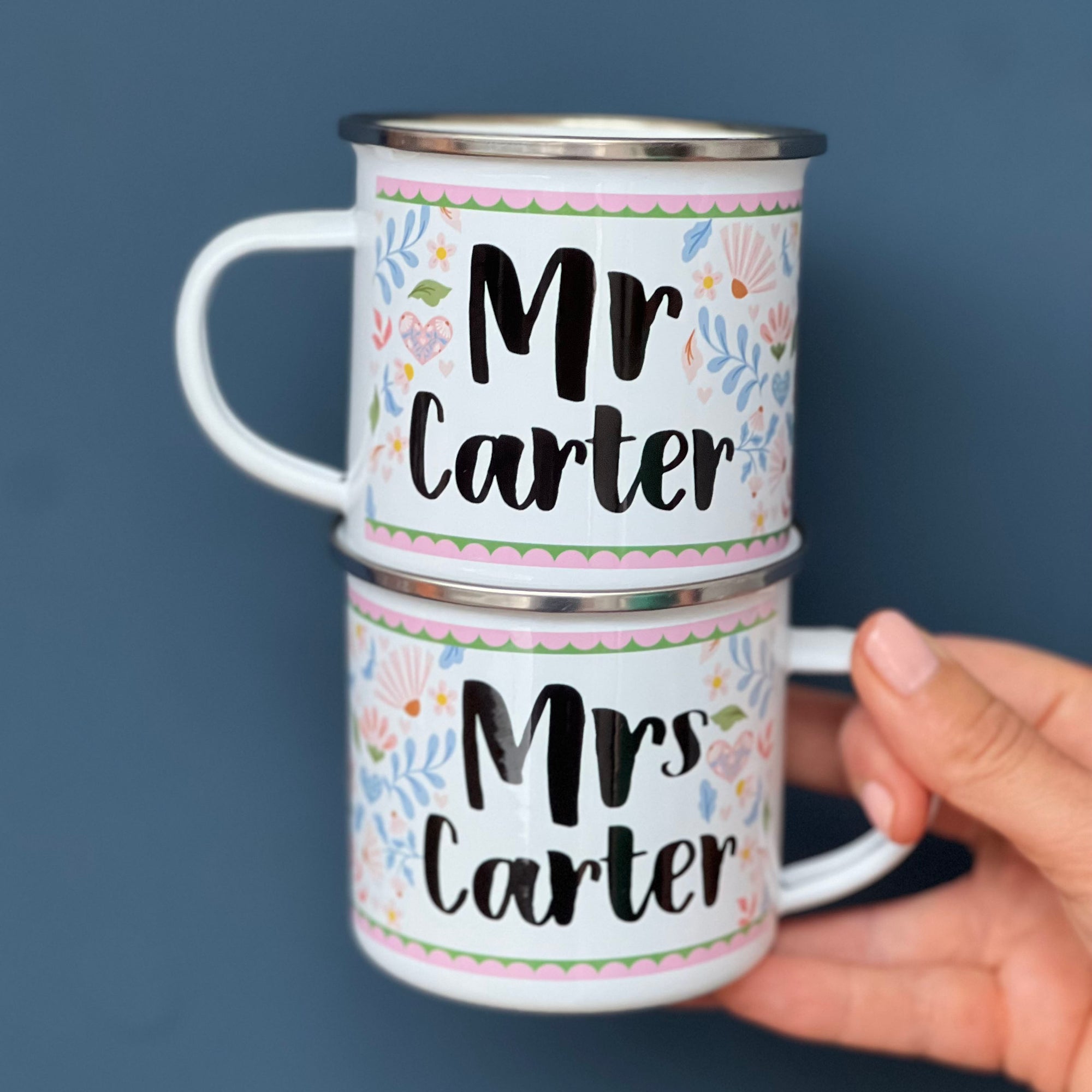 Couple's Folksy Enamel Mug Wedding Set