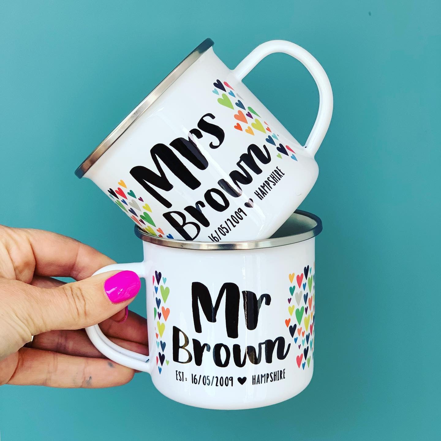 Mr And Mrs Personalised Enamel Mug Wedding Set - Hendog Designs