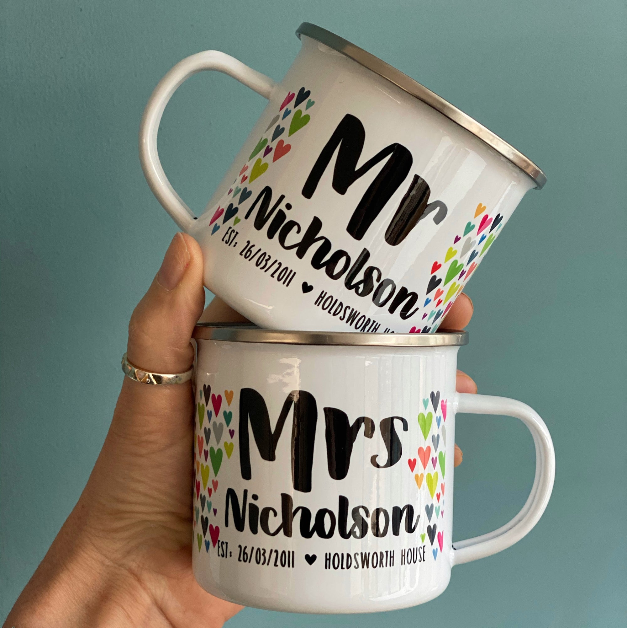 Mr And Mrs Personalised Enamel Mug Wedding Set - Hendog Designs