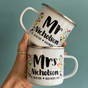 Mr And Mrs Personalised Enamel Mug Wedding Set