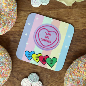 Love Heart Striped Personalised Coaster