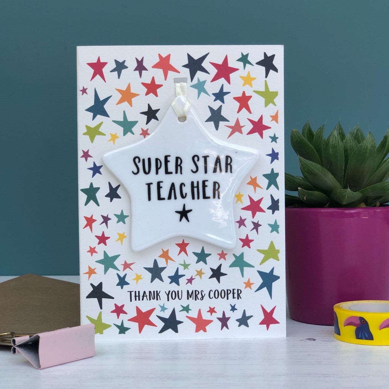 Teacher Thank you Card -Super Star Design With Ceramic Star Ornament Keepsake - Hendog Designs