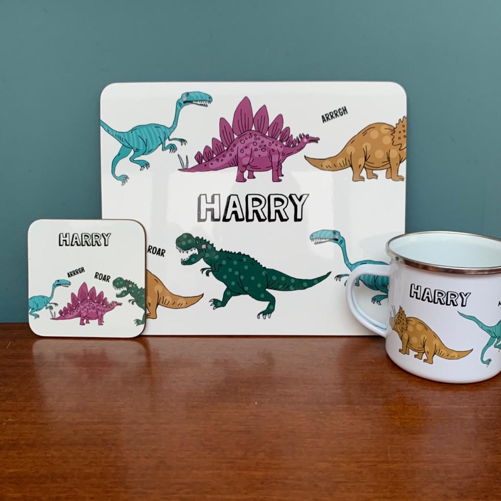 Dinosaur Placemat, Coaster & Enamel Mug Gift Set - Hendog Designs