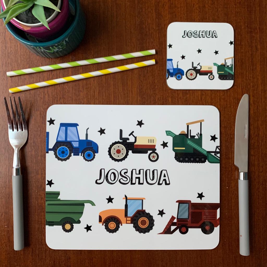 Tractors Placemat, Coaster & Enamel Mug Gift Set - Hendog Designs