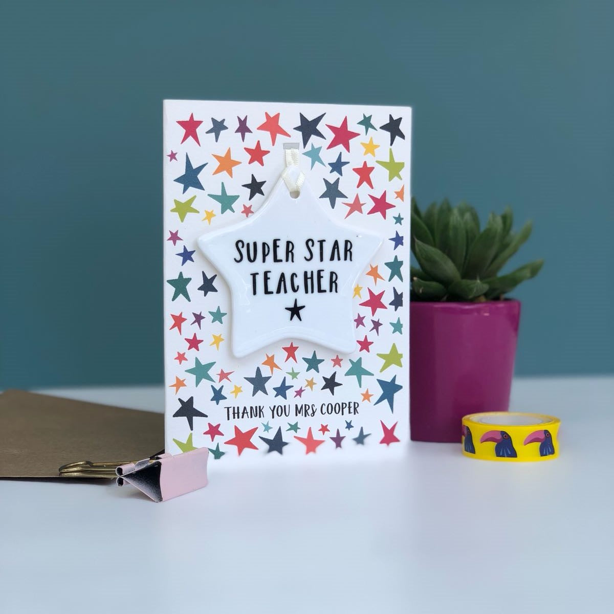 Teacher Thank you Card -Super Star Design With Ceramic Star Ornament Keepsake - Hendog Designs