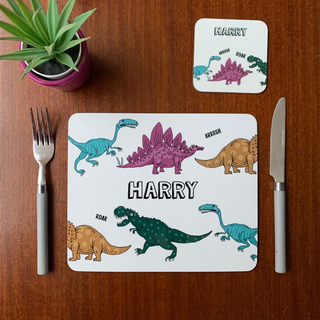 Dinosaur Placemat, Coaster & Enamel Mug Gift Set - Hendog Designs