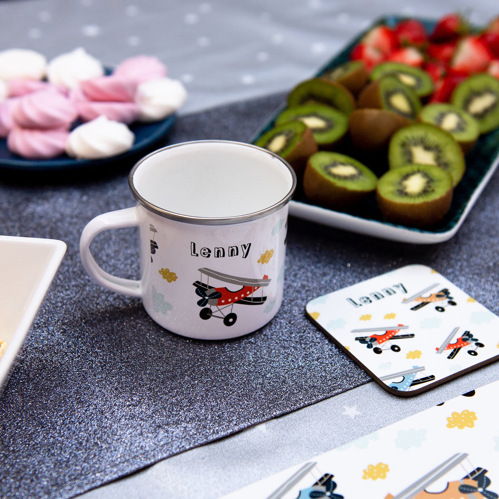 Childrens Personalised Enamel Mug with vintage aeroplane