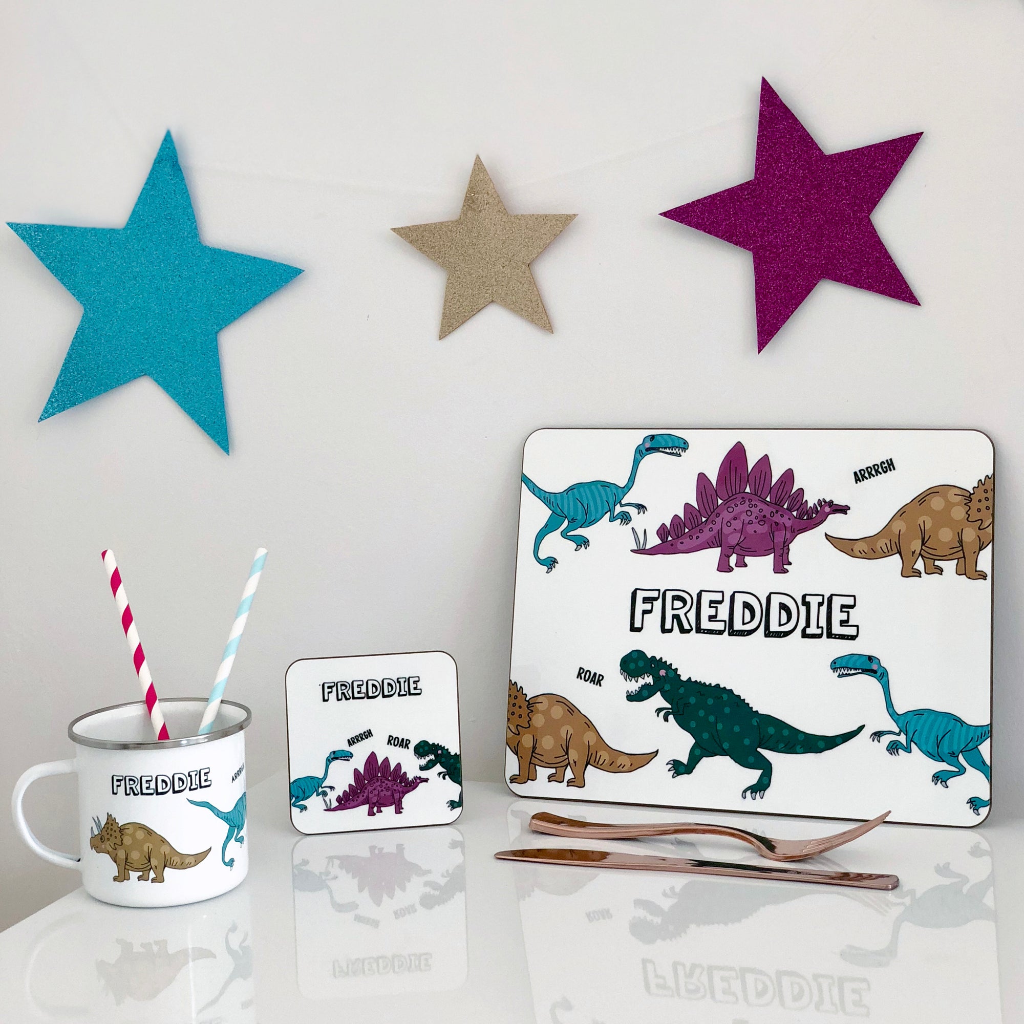 Dinosaur Placemat, Coaster & Enamel Mug Gift Set - Hendog Designs