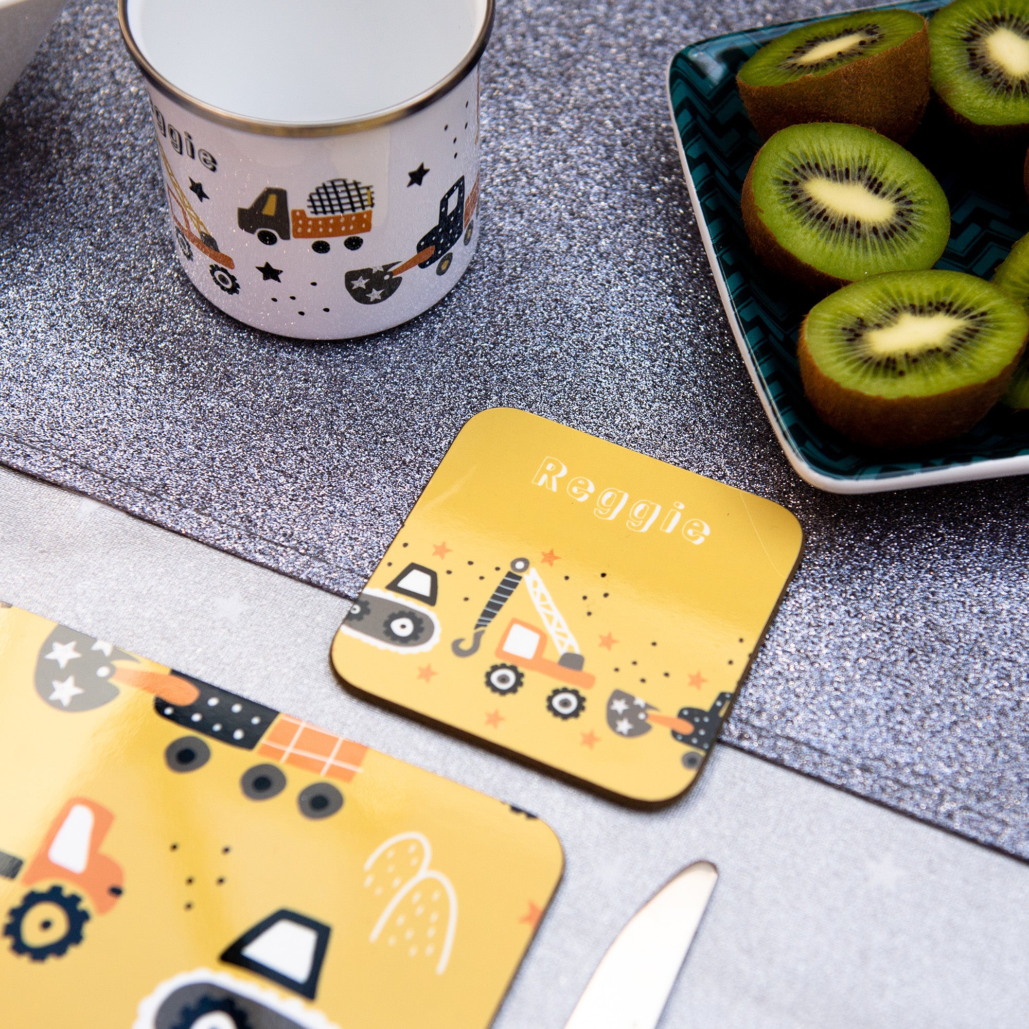 Trucks Placemat, Coaster & Enamel Gift Set