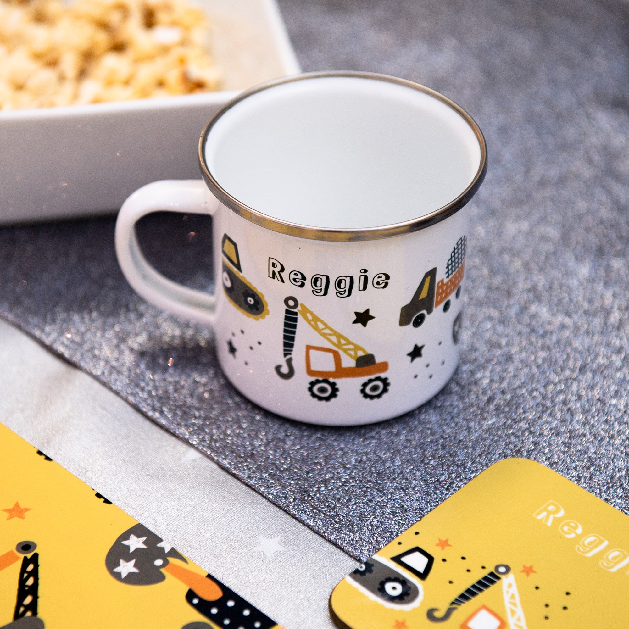 Trucks Personalised Enamel Mug with mustard and navy tones