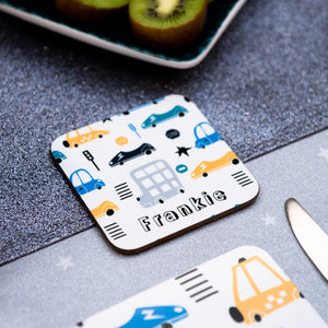 Transport Personalised Coaster with colourful cars, vans and traffic signs