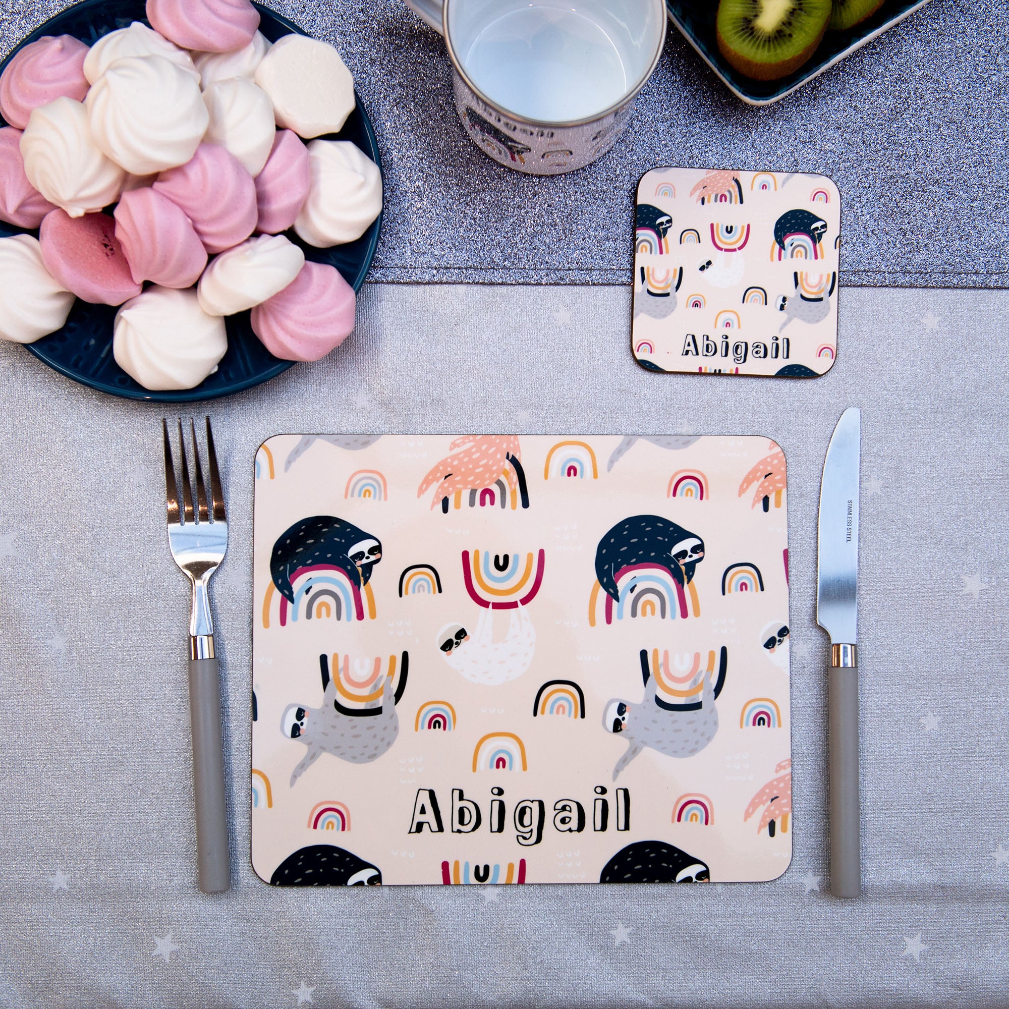 Sloths & Rainbows Placemat, Coaster & Enamel Gift Set