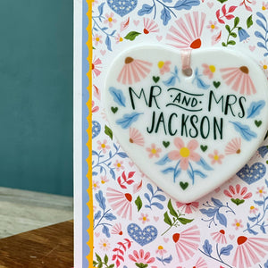 Folksy Luxury Wedding Card With Heart Ceramic Keepsake