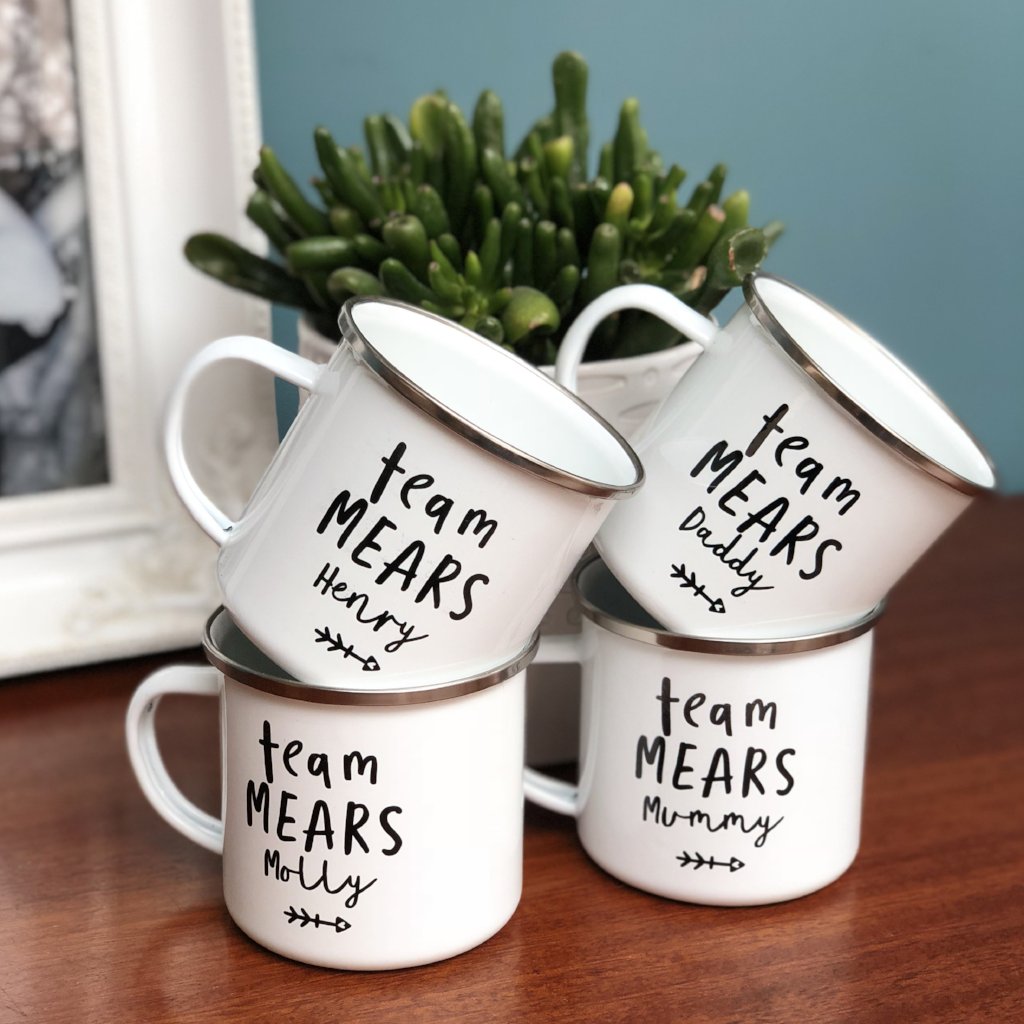 FAMILY PERSONALISED ENAMEL MUGS SET - TEAM [SURNAME] DESIGN - Hendog Designs