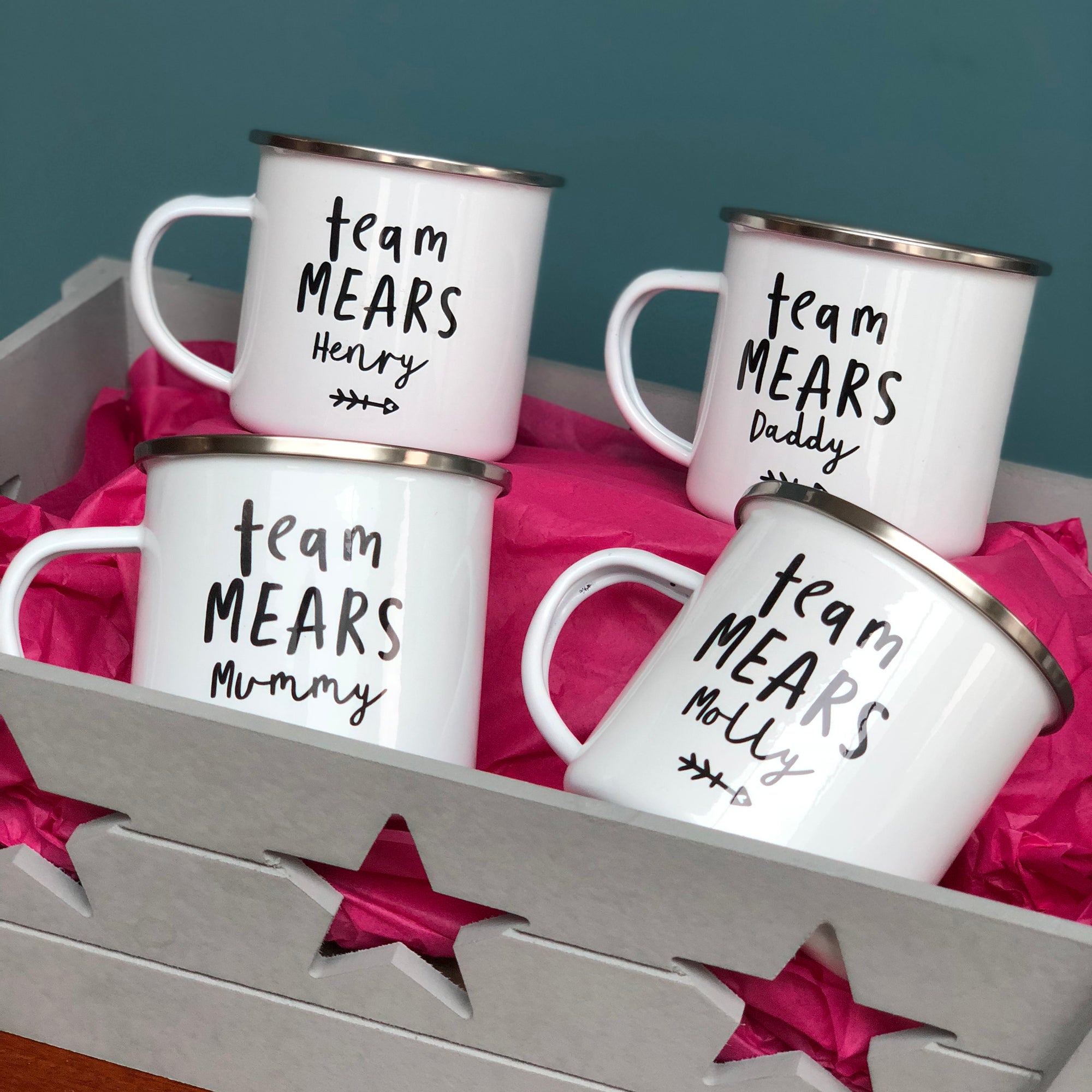 FAMILY PERSONALISED ENAMEL MUGS SET - TEAM [SURNAME] DESIGN - Hendog Designs