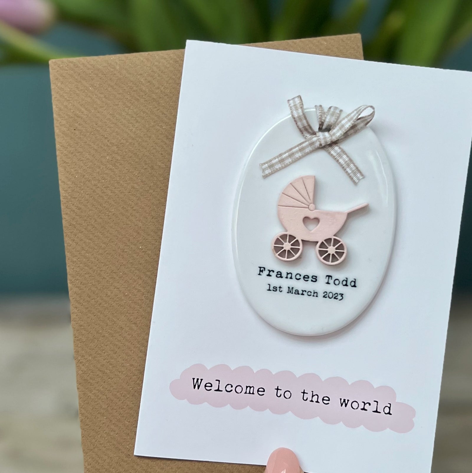 New Baby Card With Ceramic Keepsake with Pram