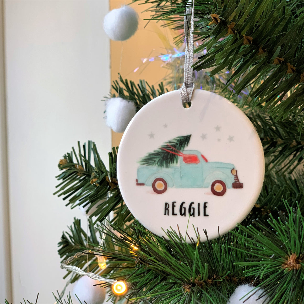 Ceramic Decoration With Retro Car And Christmas Tree