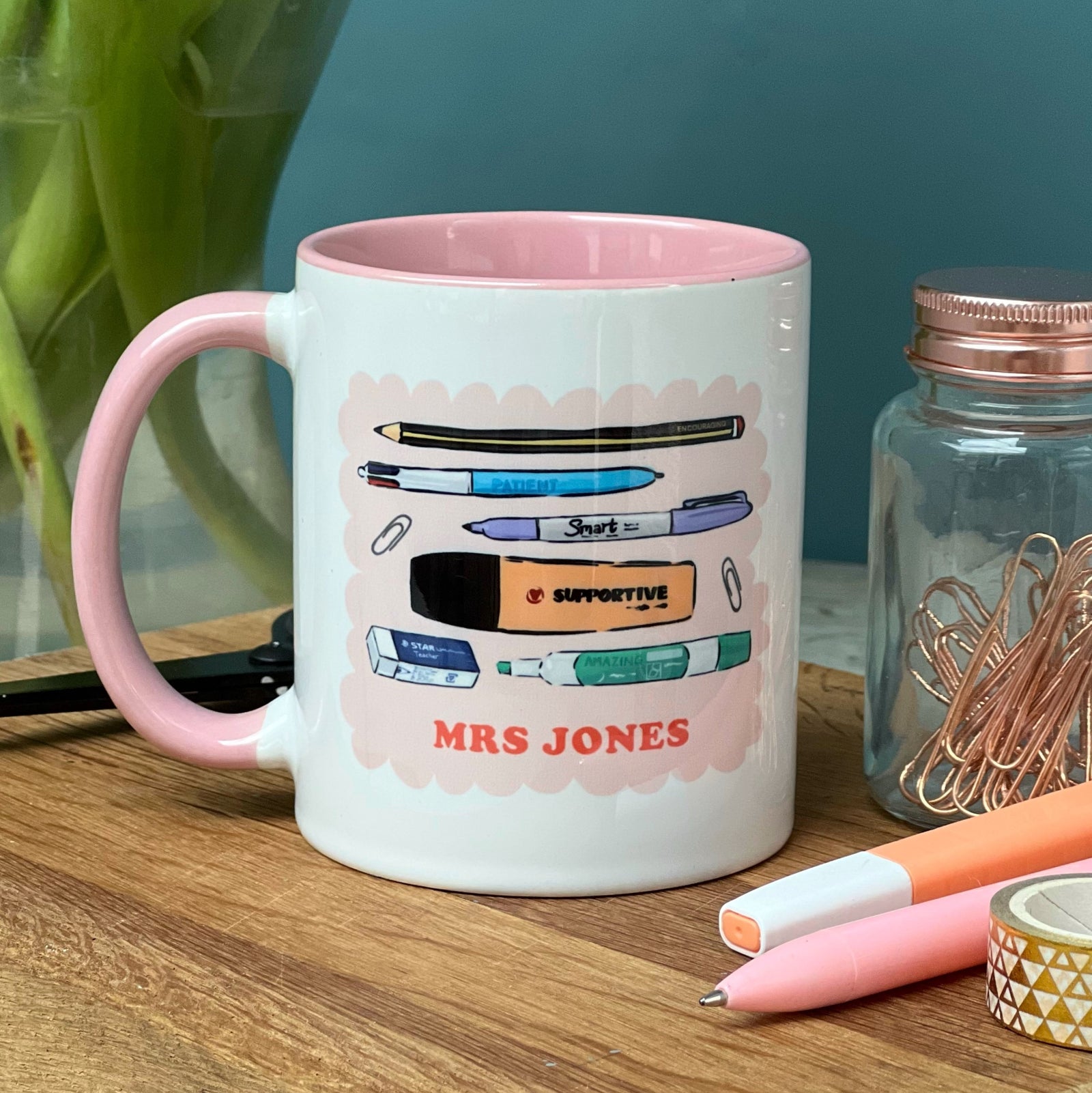 Teacher China Mug with Iconic Stationery Design and Positive Words