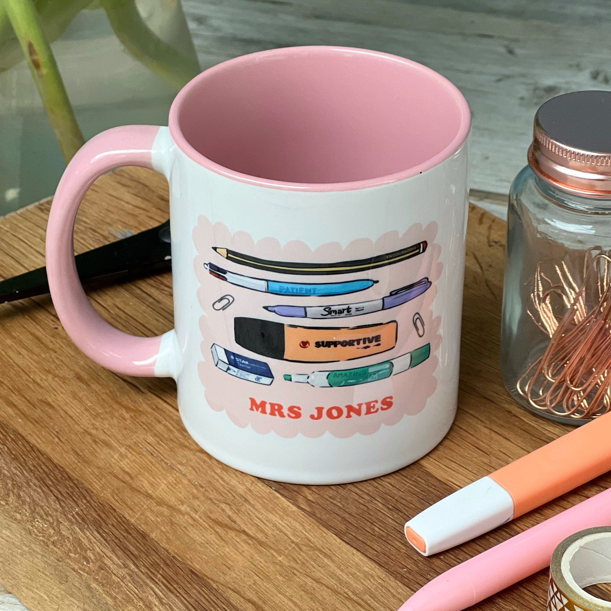 Teacher China Mug with Iconic Stationery Design and Positive Words