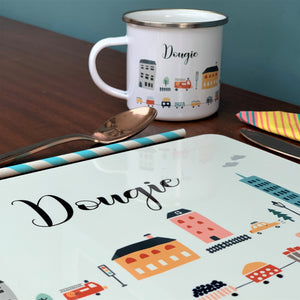 City Scene Personalised Placemat, Coaster & Enamel Mug Gift Set