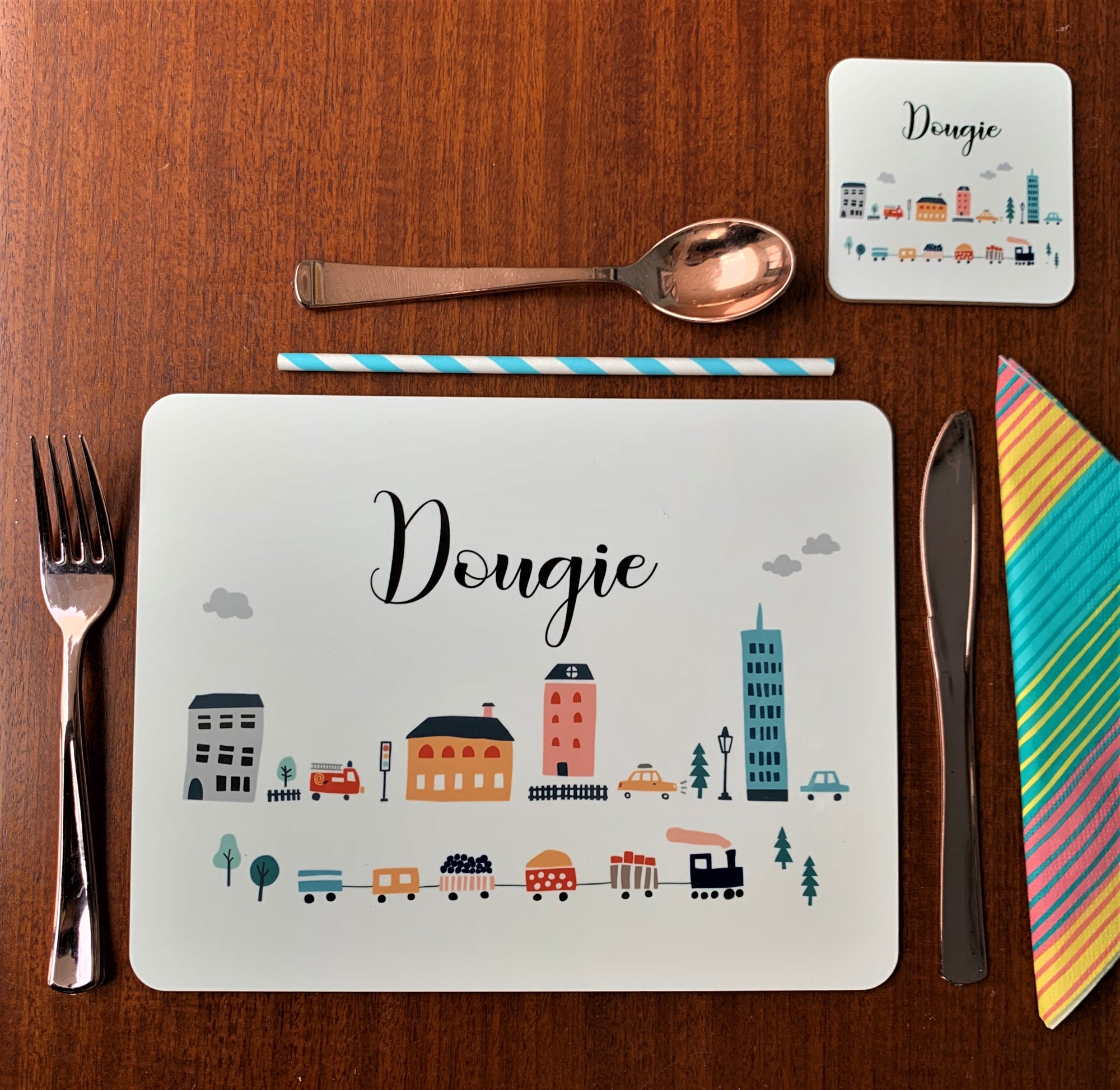 City Scene Personalised Placemat, Coaster & Enamel Mug Gift Set