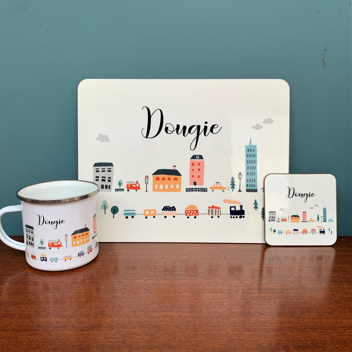City Scene Personalised Placemat, Coaster & Enamel Mug Gift Set