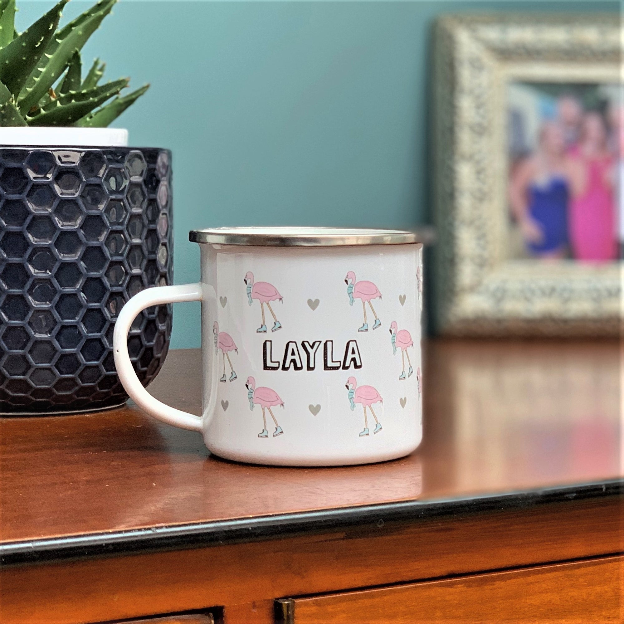 Fun Personalised Skating Flamingo Enamel Mug - Hendog Designs