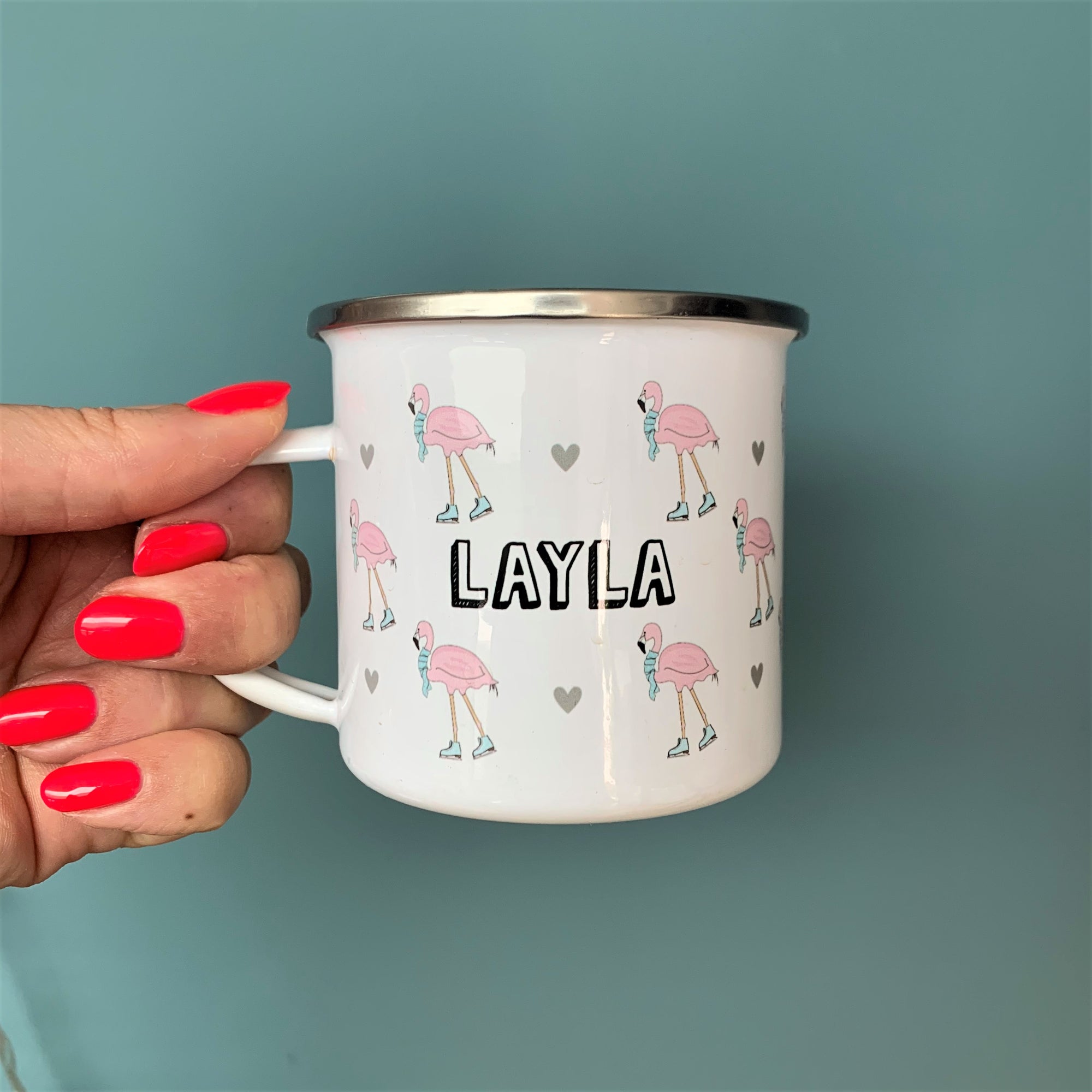 Fun Personalised Skating Flamingo Enamel Mug - Hendog Designs