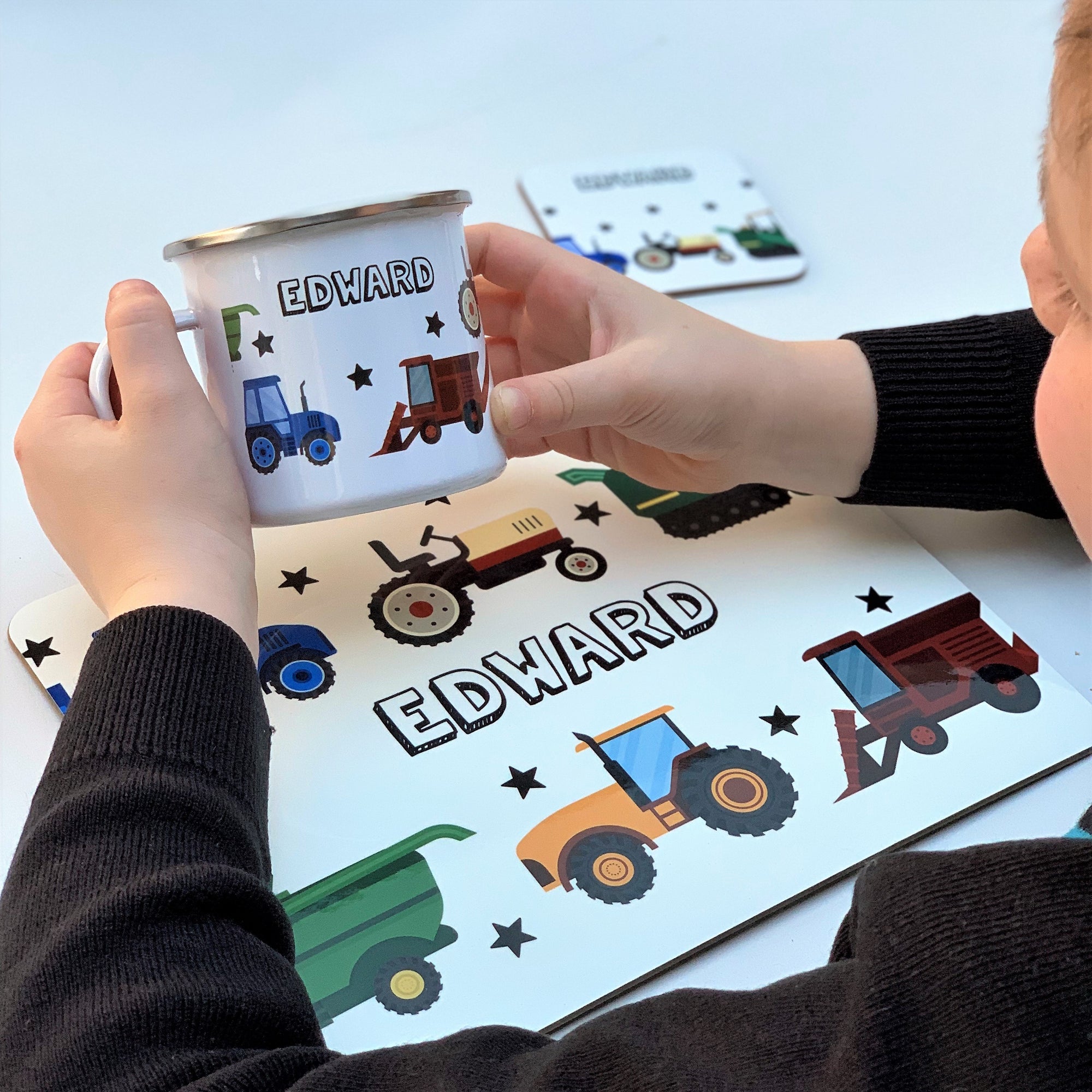 Tractors Placemat, Coaster & Enamel Mug Gift Set