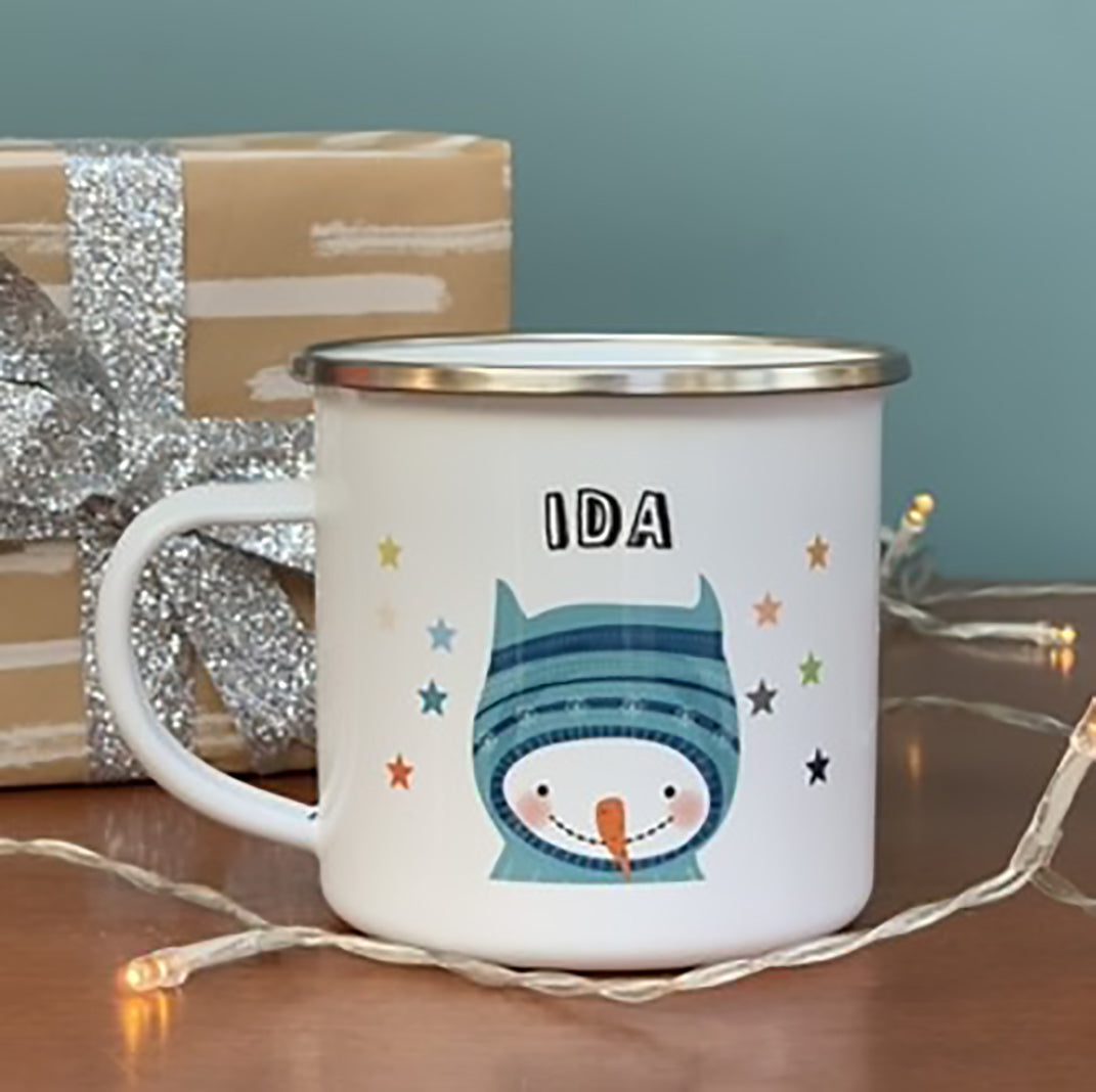 Christmas Enamel Mug With Snowman Wearing Hood