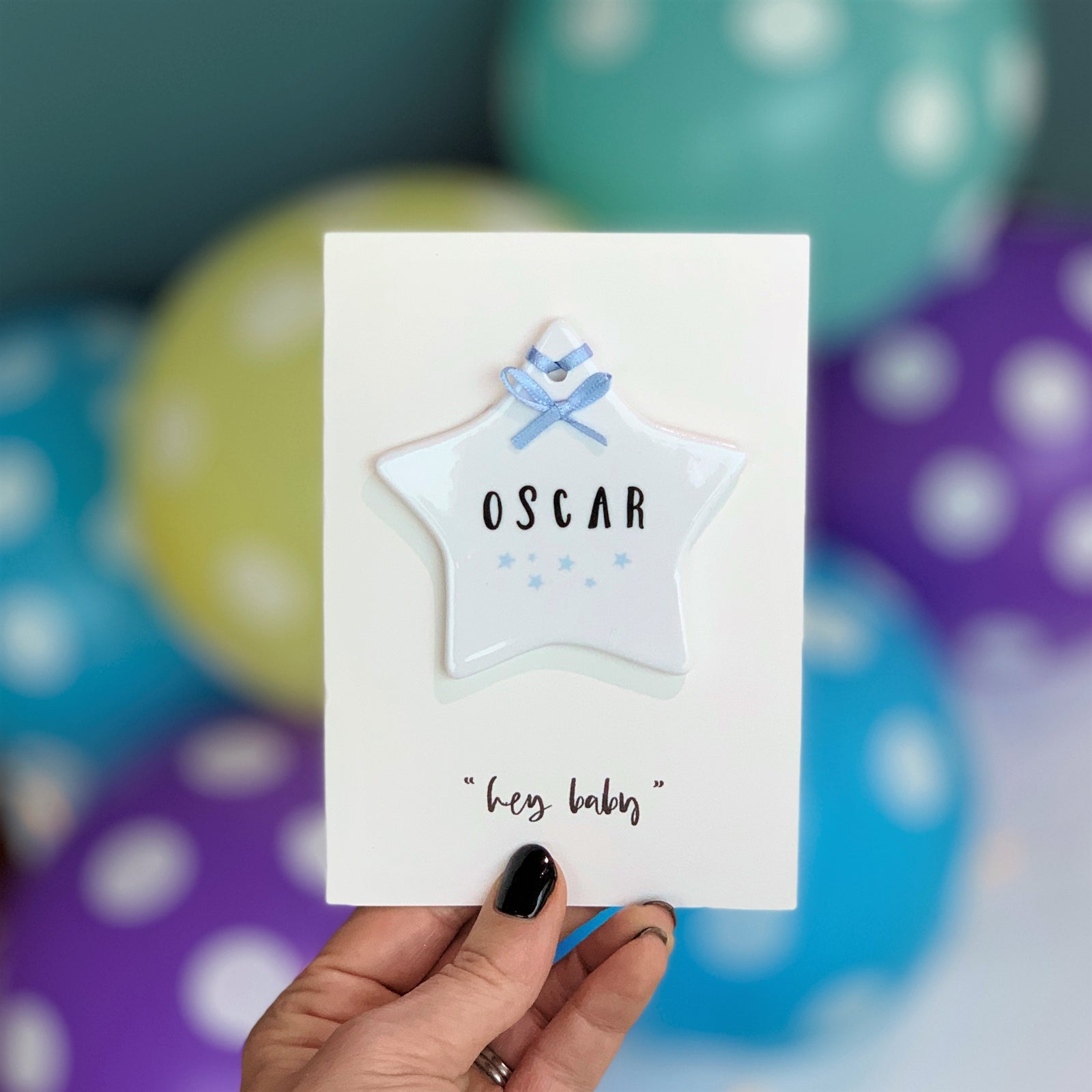 Hey Baby Card With Ceramic Star Decoration Keepsake - Hendog Designs