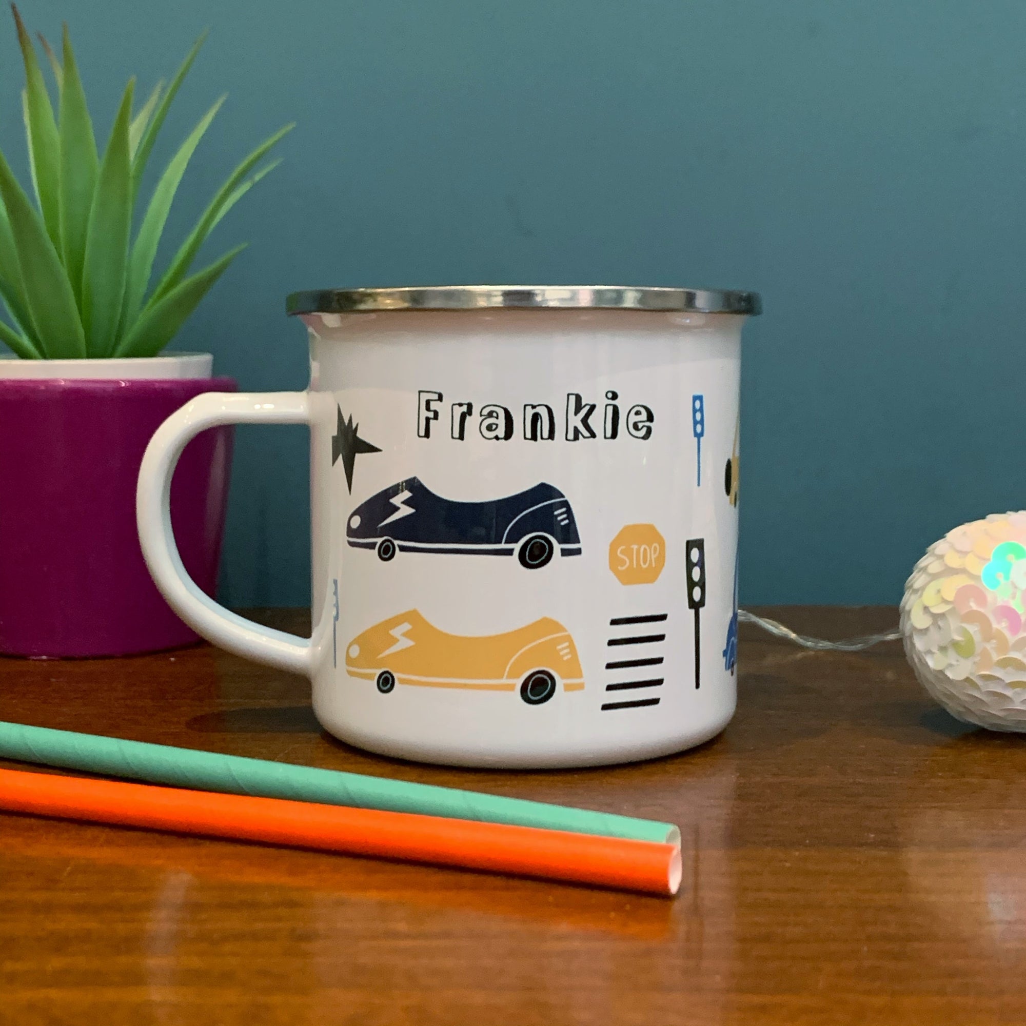 Transport Personalised Enamel Mug - cars, vans and traffic signs