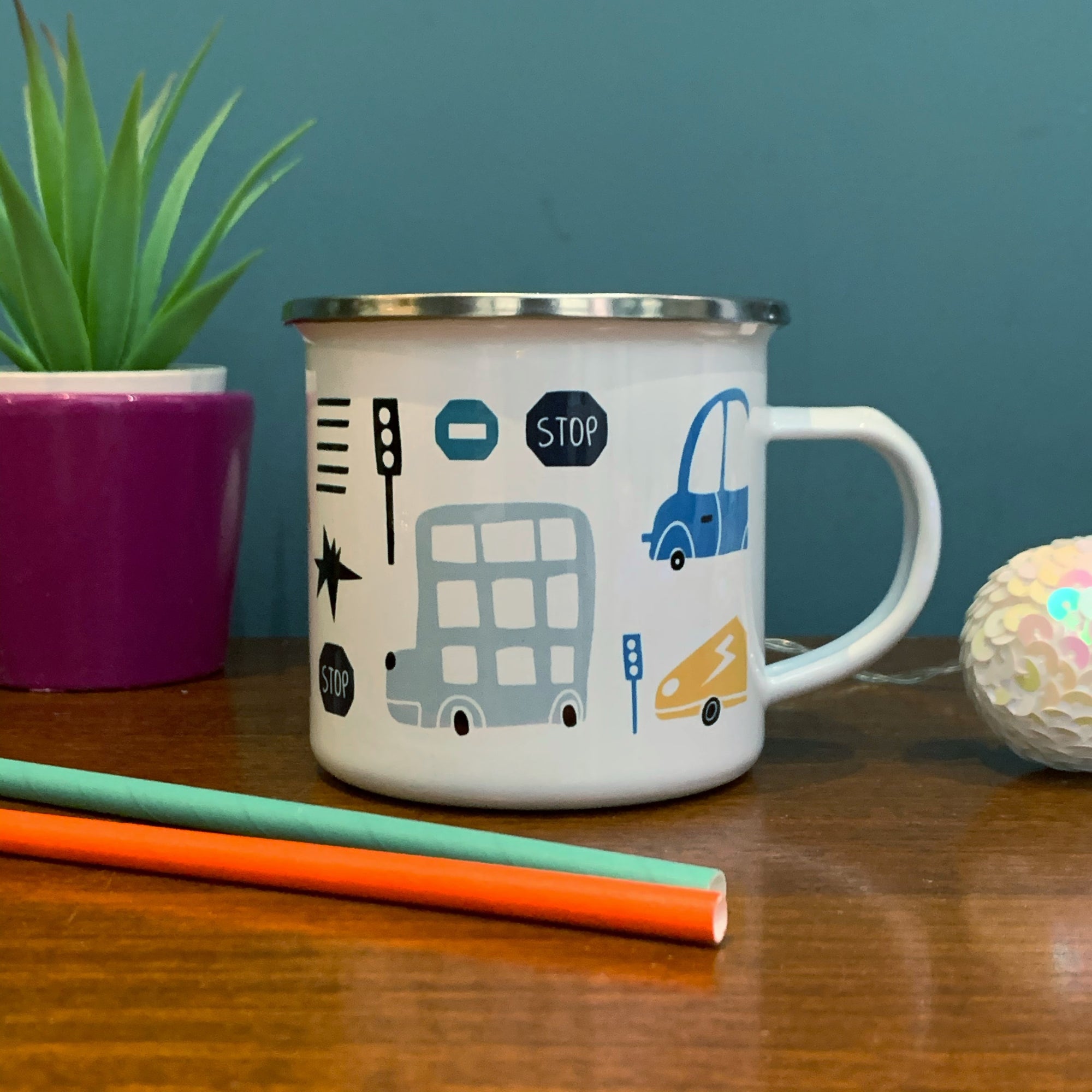 Transport Personalised Enamel Mug - cars, vans and traffic signs