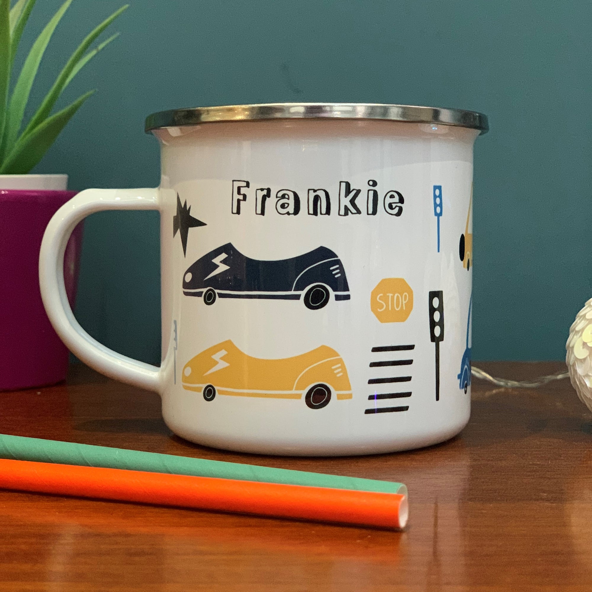 Transport Personalised Enamel Mug - cars, vans and traffic signs