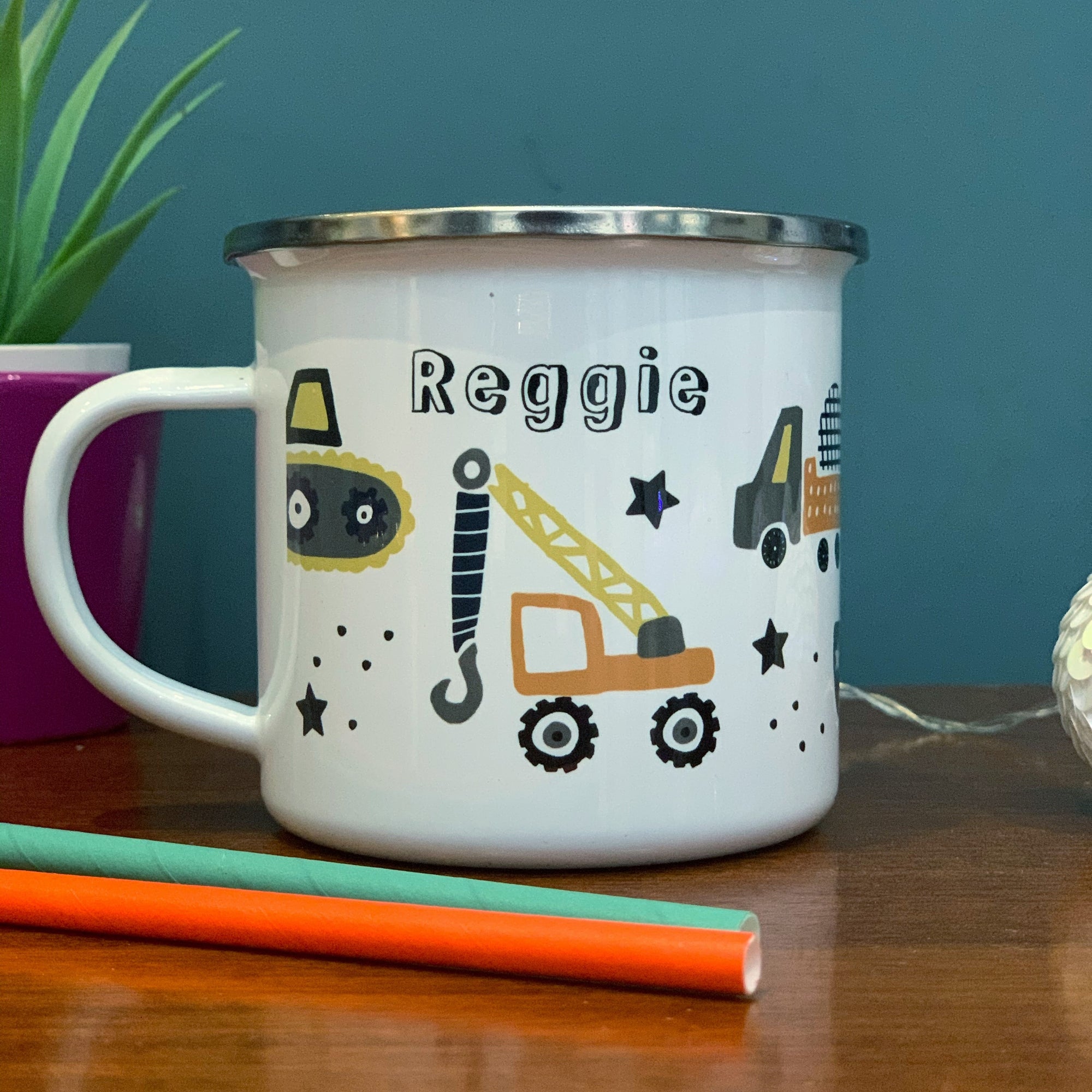 Trucks Personalised Enamel Mug with mustard and navy tones