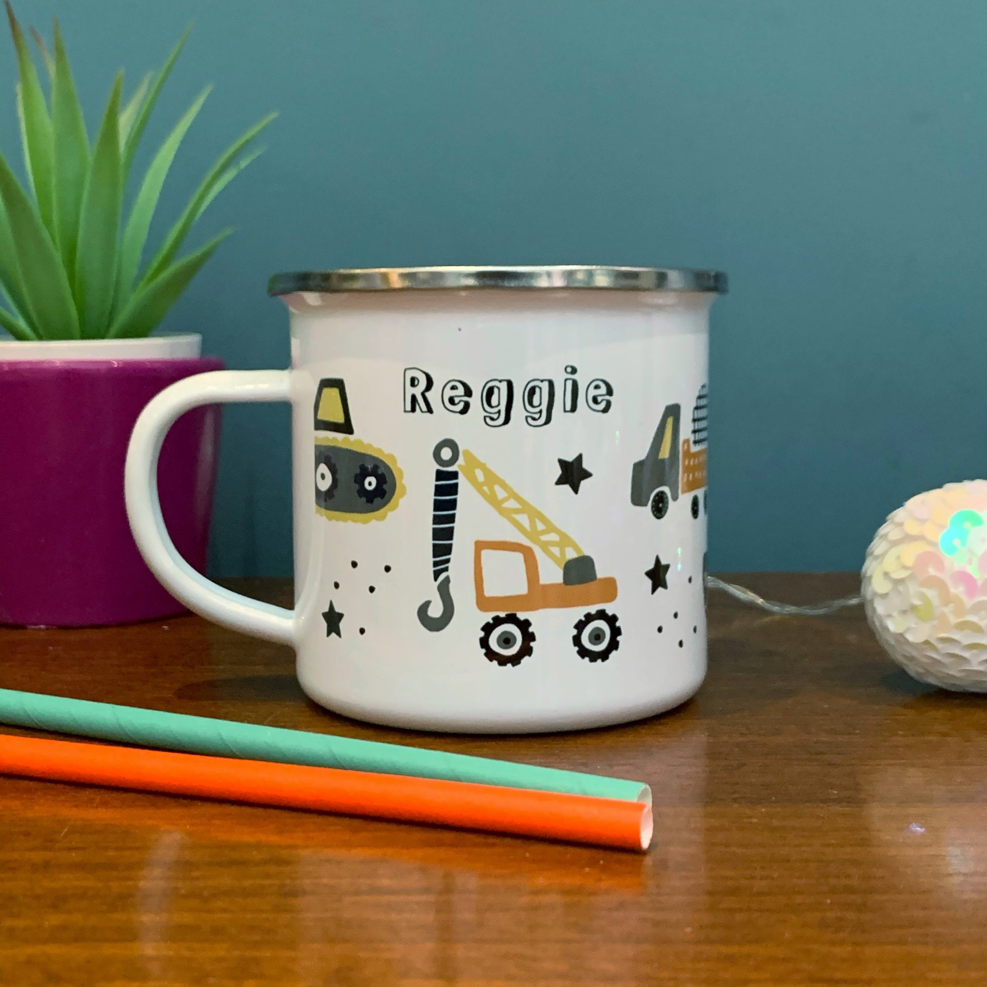 Trucks Personalised Enamel Mug with mustard and navy tones