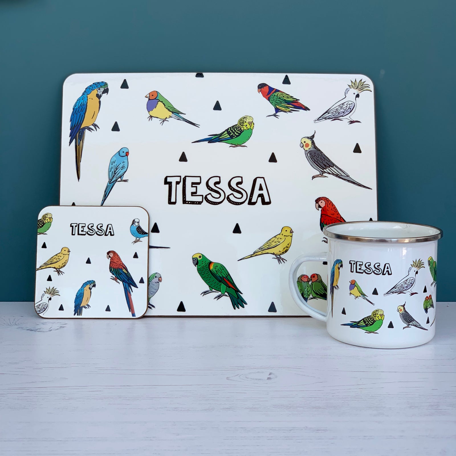 Parrot Placemat, Coaster & Enamel Mug Gift Set - Hendog Designs