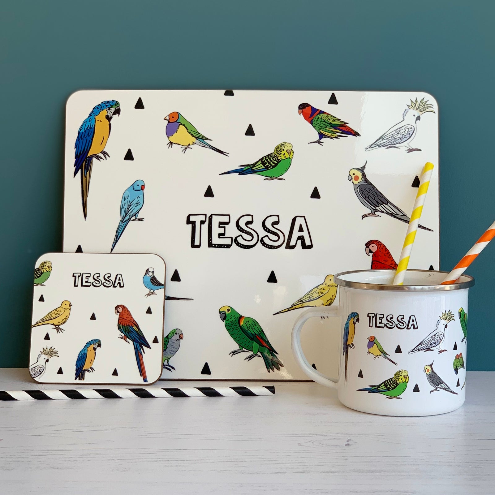 Parrot Placemat, Coaster & Enamel Mug Gift Set - Hendog Designs