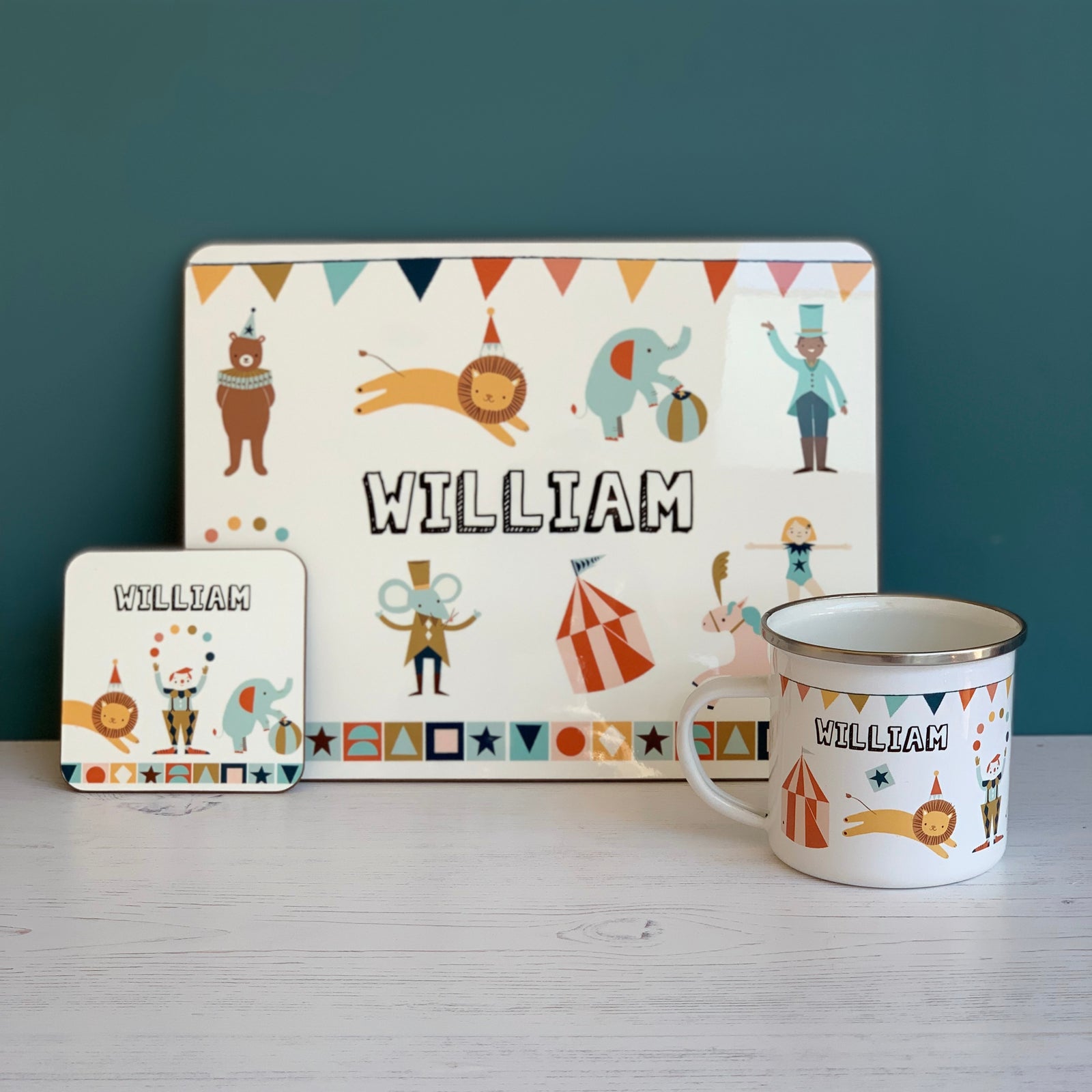 Circus Personalised Placemat, Coaster & Enamel Mug Gift Set - Hendog Designs