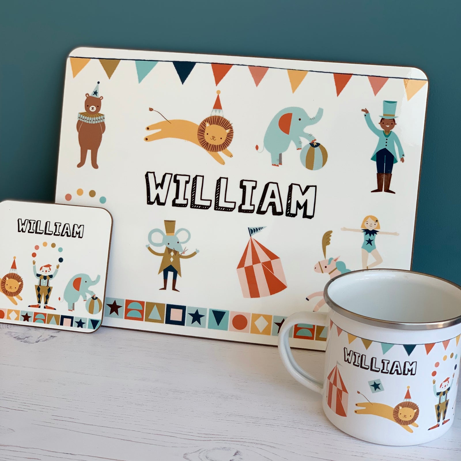 Circus Personalised Placemat, Coaster & Enamel Mug Gift Set - Hendog Designs