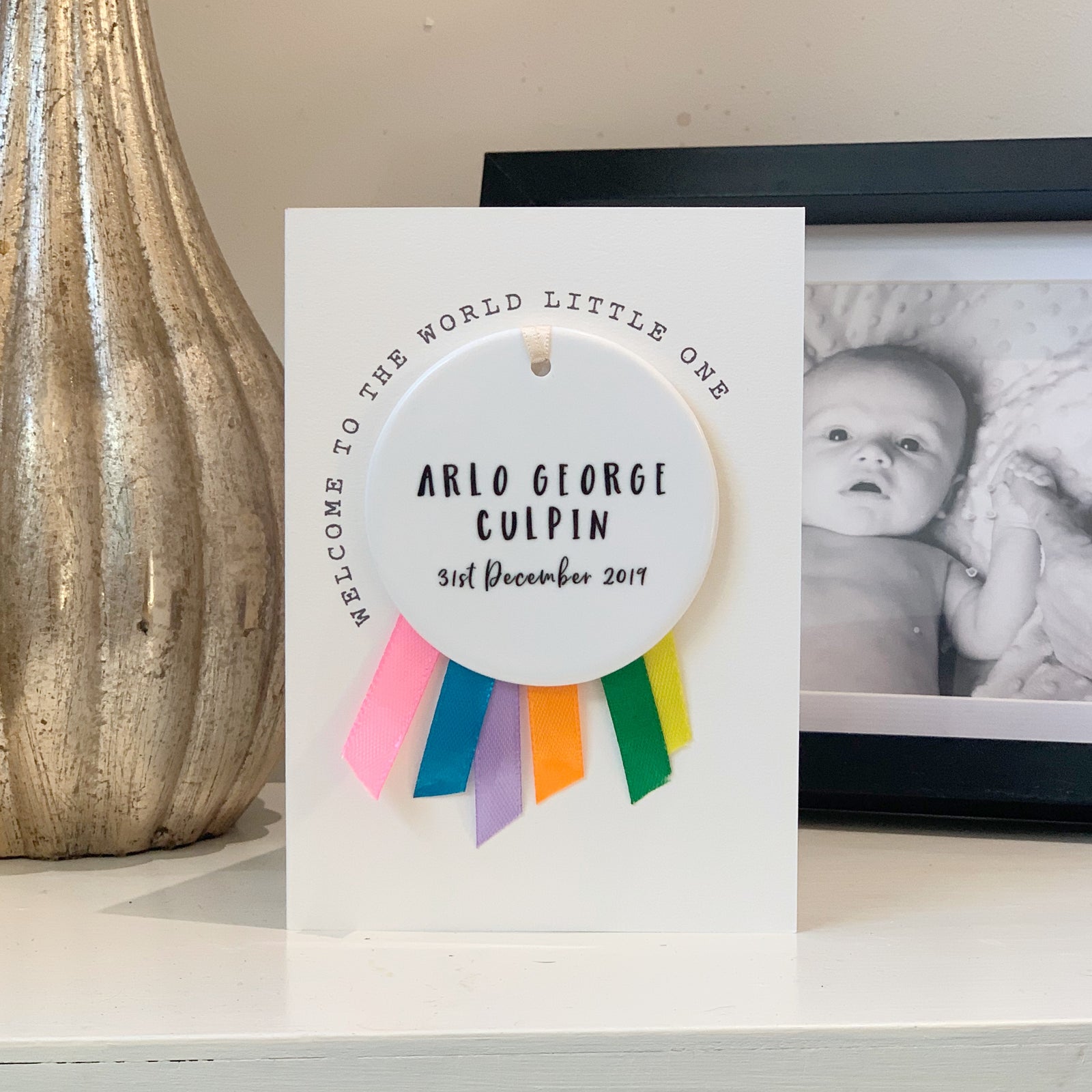 Welcome To The World Card With Ceramic Rosette