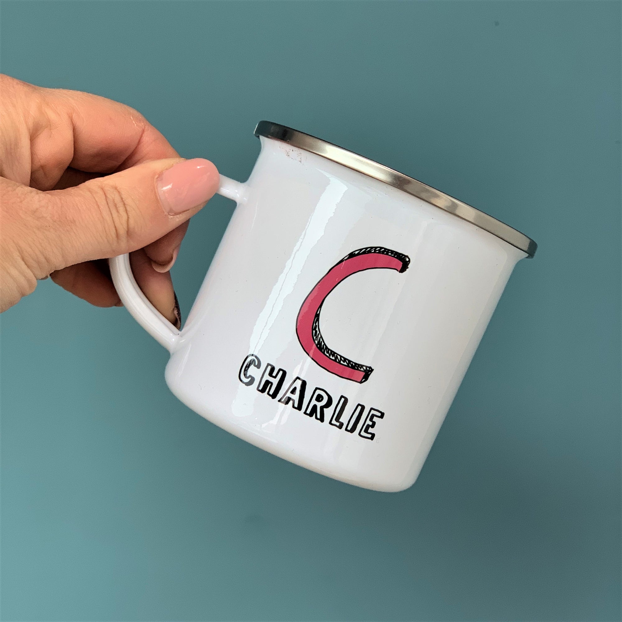 Personalised Narrow Sketch Initial Enamel Mug