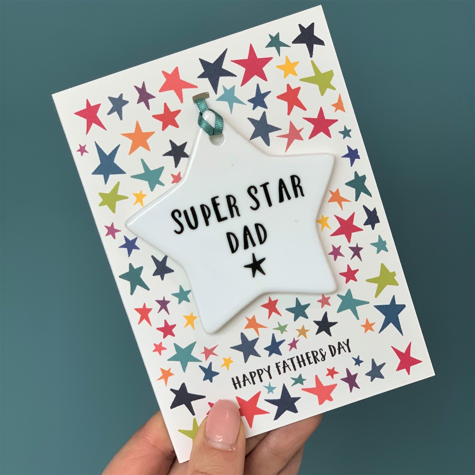 Super Star Dad Card With Ceramic Star Ornament Keepsake - Hendog Designs